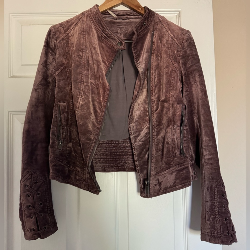 Free People Lacey Velvet Jacket Moto Lace Up Side Cuff Zip Charteruse